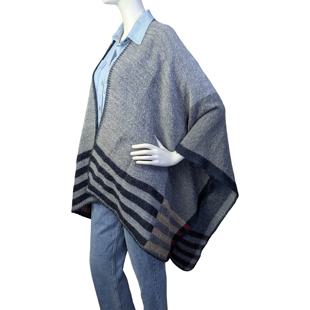 Knit Poncho Shawl, Reversible | Striped Wrap | Oversized One Size - Picture 2 of 5